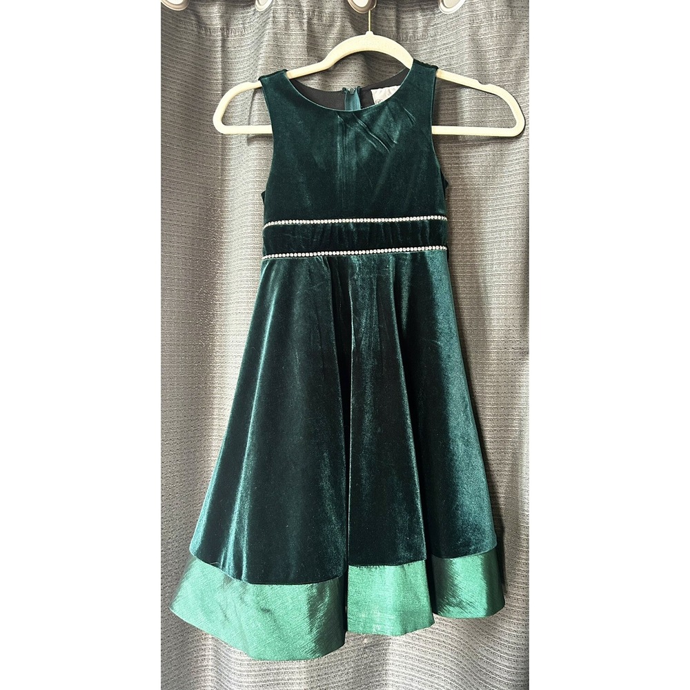 RARE EDITIONS Girls Green Velvet‎ Rhinestone Embellished A-line Dress Holiday 6X